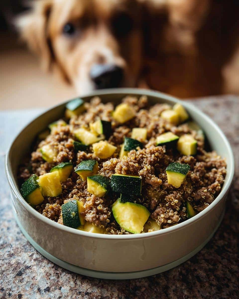A bowl of homemade Lamb, Oats & Zucchini Dog Food with a dog looking on in the background.