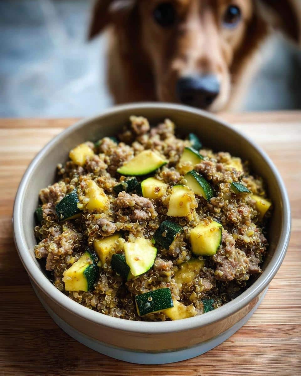 A bowl of homemade Lamb, Oats & Zucchini Dog Food, with a dog looking on in the background.