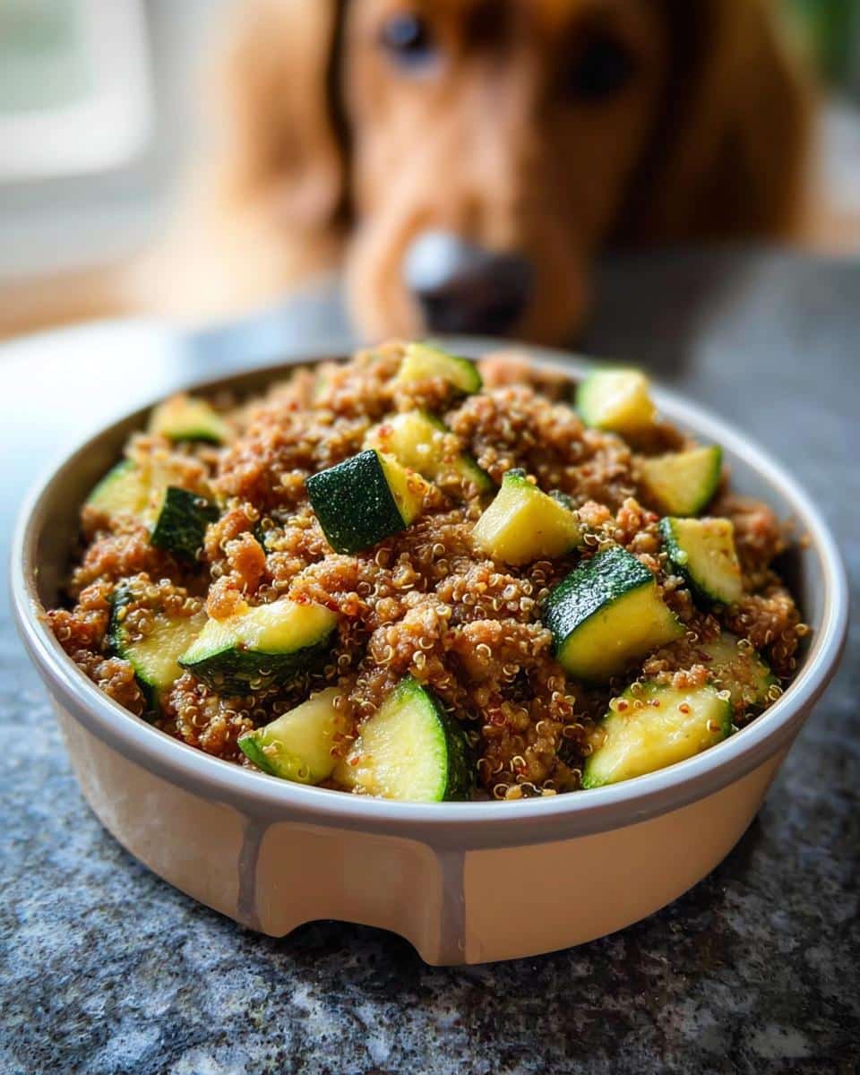 A bowl of homemade dog food made with lamb, oats, and zucchini, with a dog looking on.