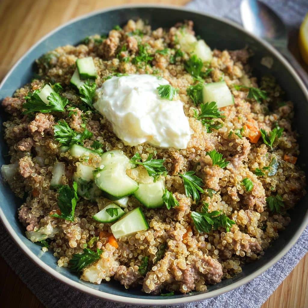 A bowl of homemade dog food featuring lamb, quinoa, carrots, cucumber, and a dollop of yogurt.