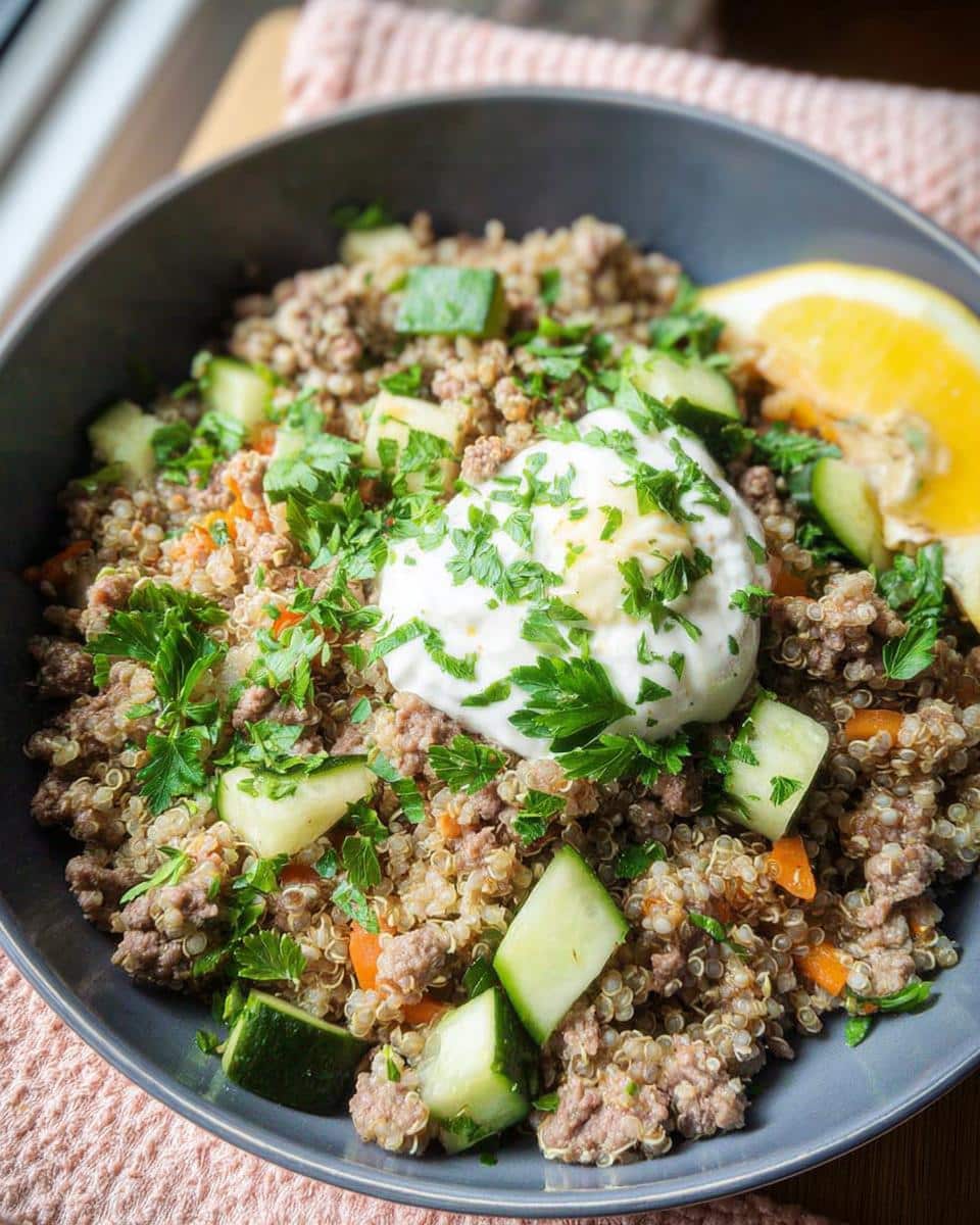 A bowl of homemade dog food featuring lamb, quinoa, carrots, cucumber, and a dollop of yogurt, garnished with parsley.