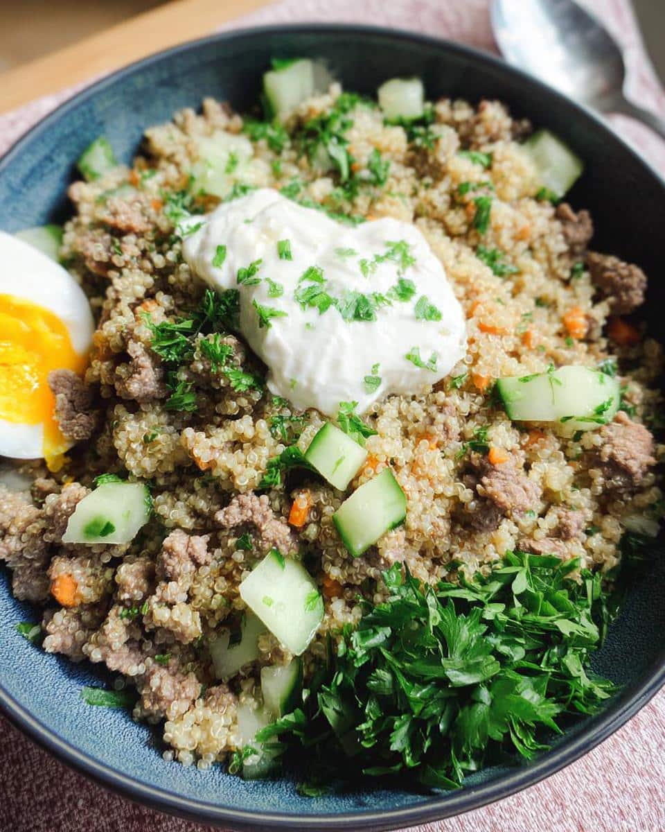 A healthy bowl of Lamb, Quinoa & Carrots Dog Food Recipe, topped with yogurt, cucumber, and a hard-boiled egg.