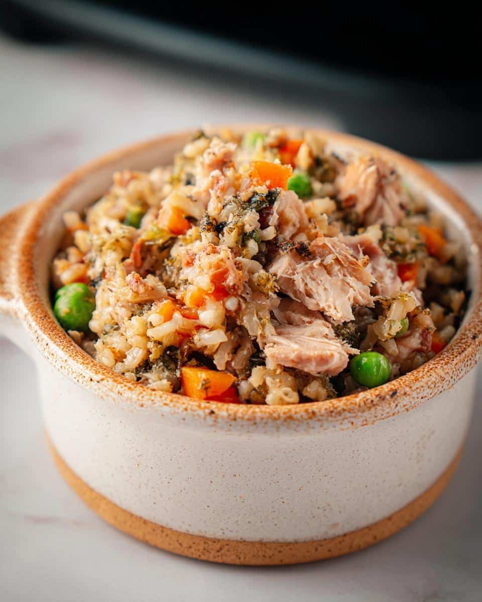 A close-up of a bowl filled with Mackerel & Brown Rice Spinach Dog Food, featuring flaked mackerel, brown rice, peas, and carrots.
