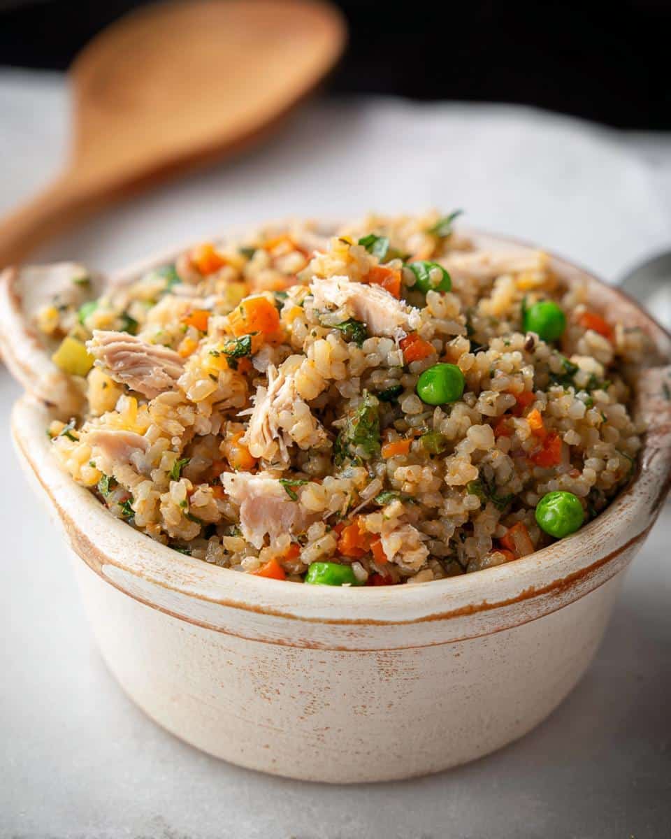 Close-up of a bowl filled with Mackerel & Brown Rice Spinach Dog Food, featuring shredded mackerel, brown rice, peas, and carrots.