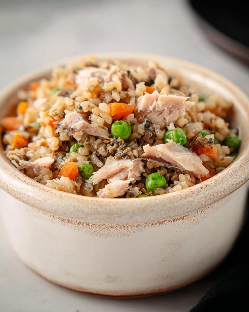 Close-up of a bowl filled with Mackerel & Brown Rice Spinach Dog Food Recipe, showing flaky fish, rice, peas, and carrots.