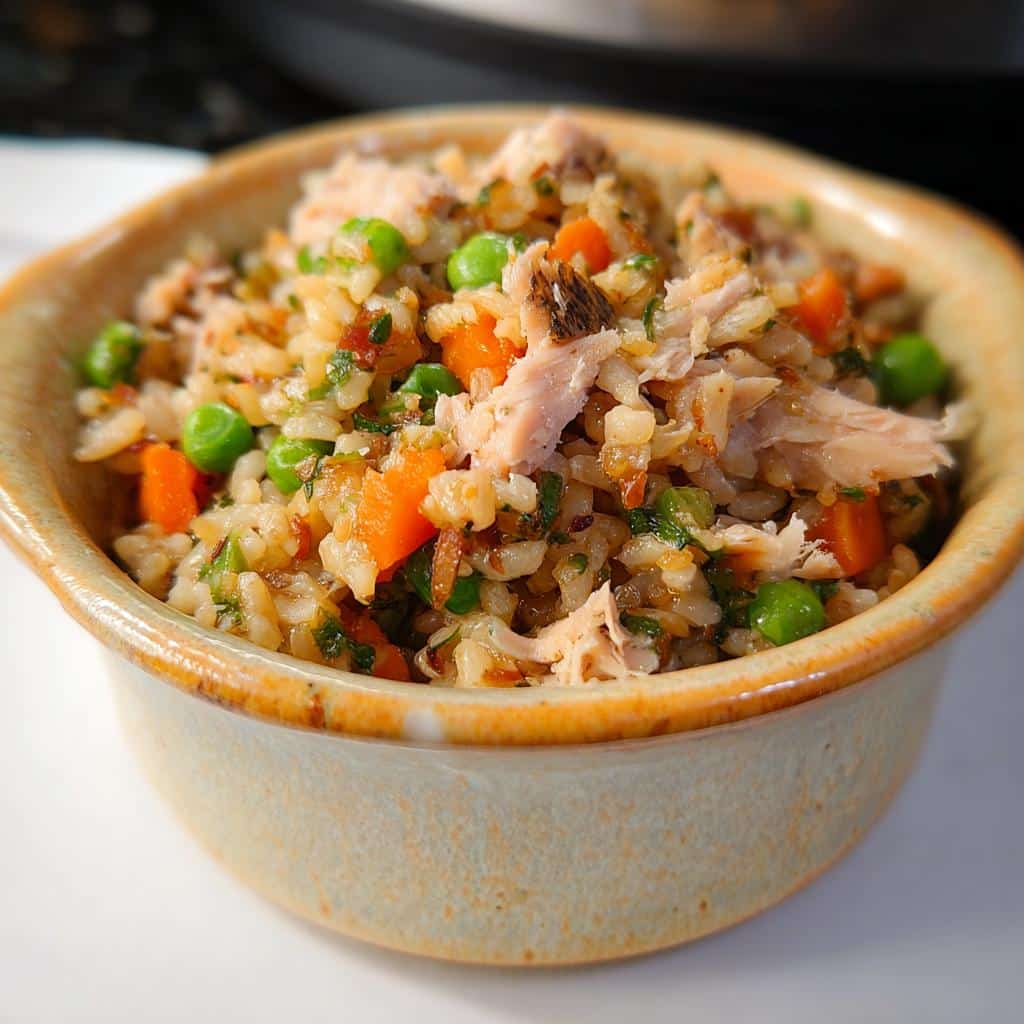 A close-up of a bowl filled with Mackerel & Brown Rice Spinach Dog Food, showing flakes of fish, rice, peas, and carrots.