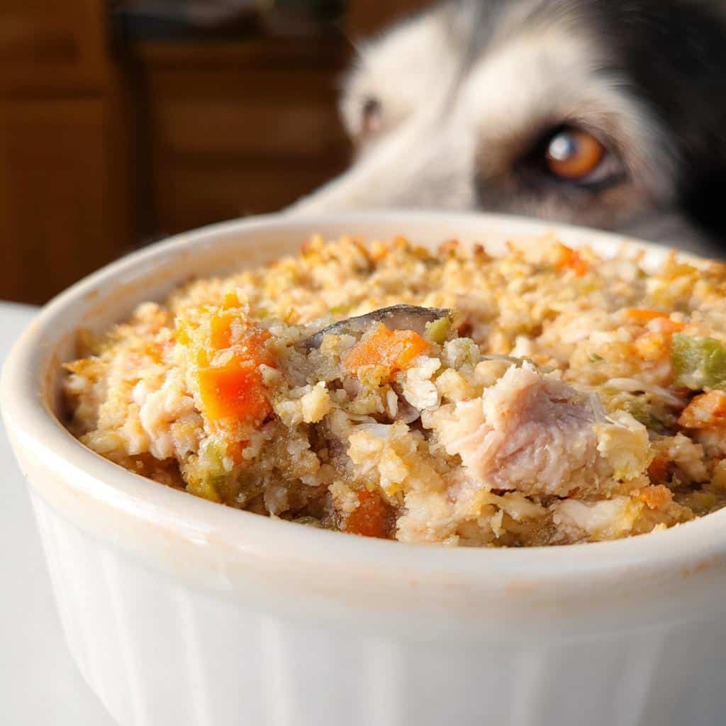 A dog looking intently at a bowl of Mackerel, Oats & Carrots Dog Food.
