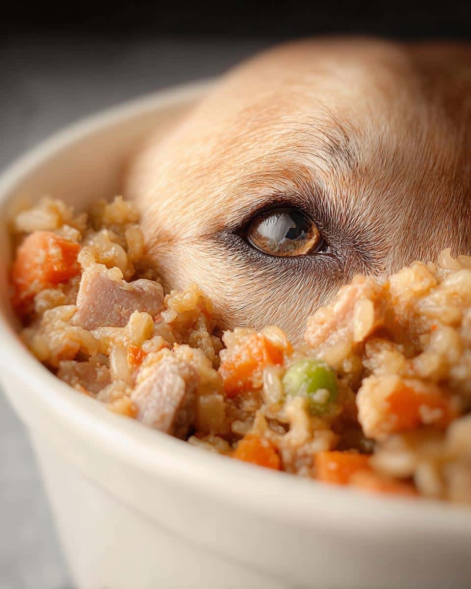 A dog's eye peeking over a bowl of Mackerel, Oats & Carrots Dog Food.