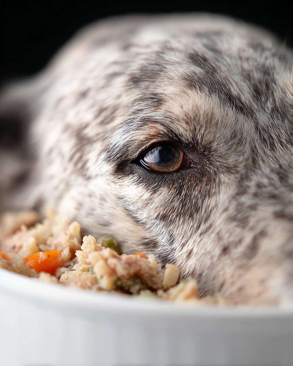 Close-up of a dog's eye and muzzle as it eats Mackerel, Oats & Carrots Dog Food from a white bowl.