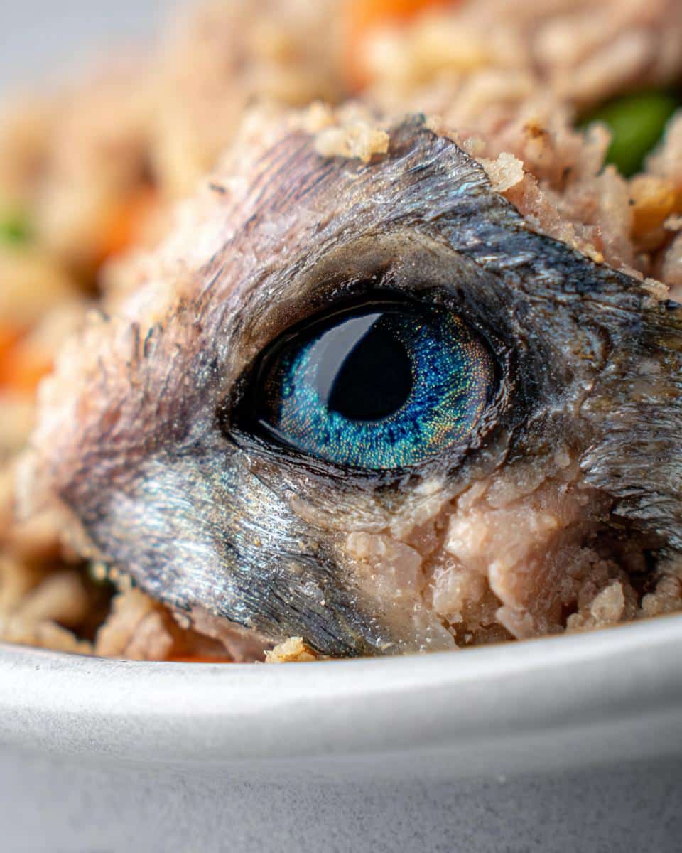 Close-up of a mackerel eye in a bowl of Mackerel, Oats & Carrots Dog Food.