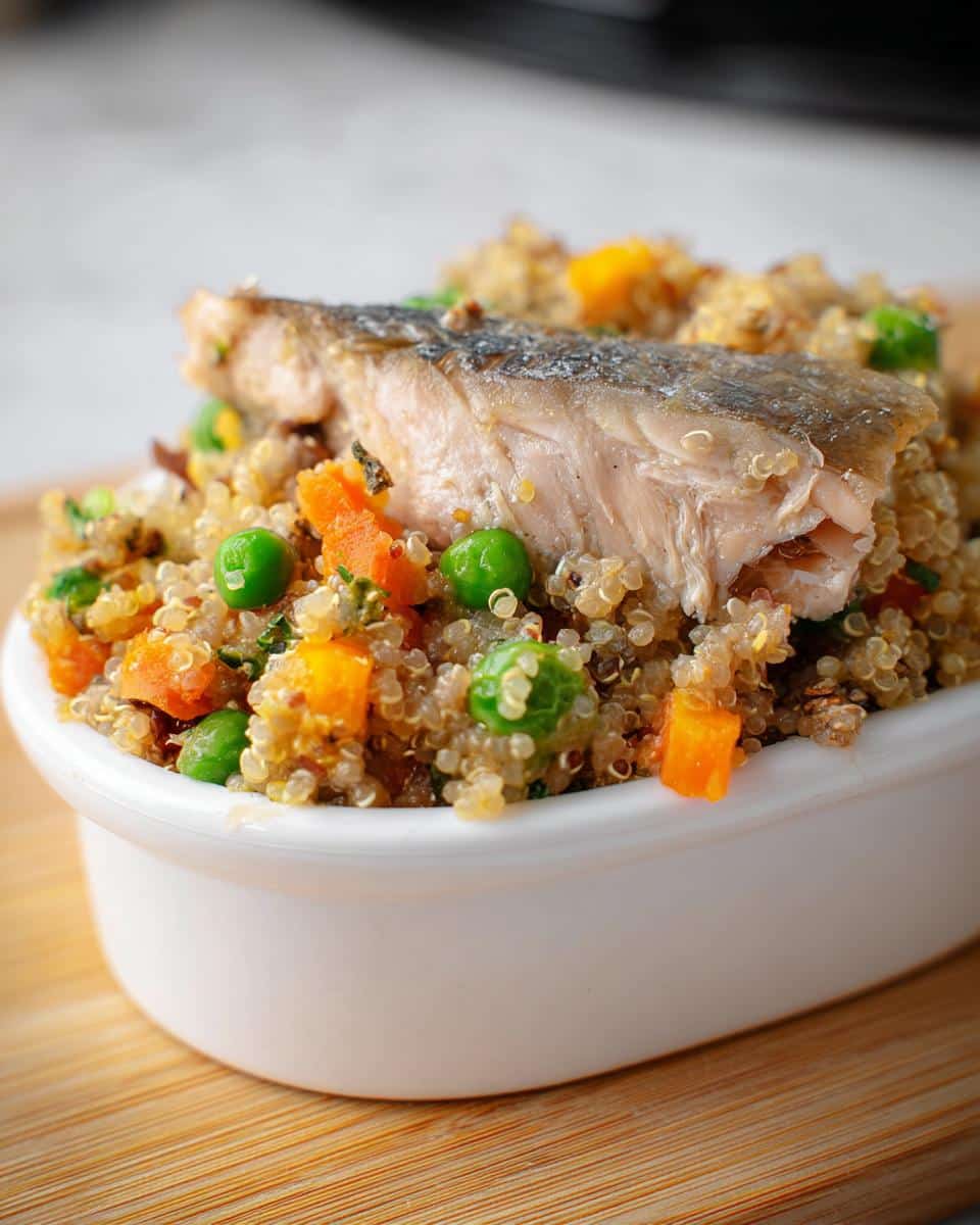 A bowl of Mackerel, Sweet Potato & Peas Dog Food topped with a piece of cooked mackerel.