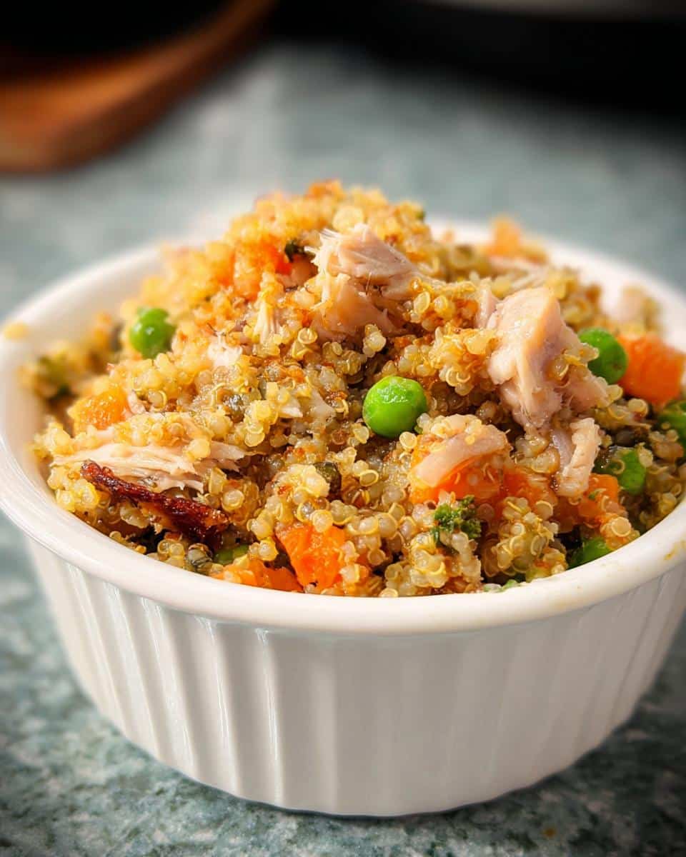 Close-up of a white bowl filled with Mackerel, Sweet Potato & Peas Dog Food, showing quinoa, flaked fish, peas, and diced carrots.