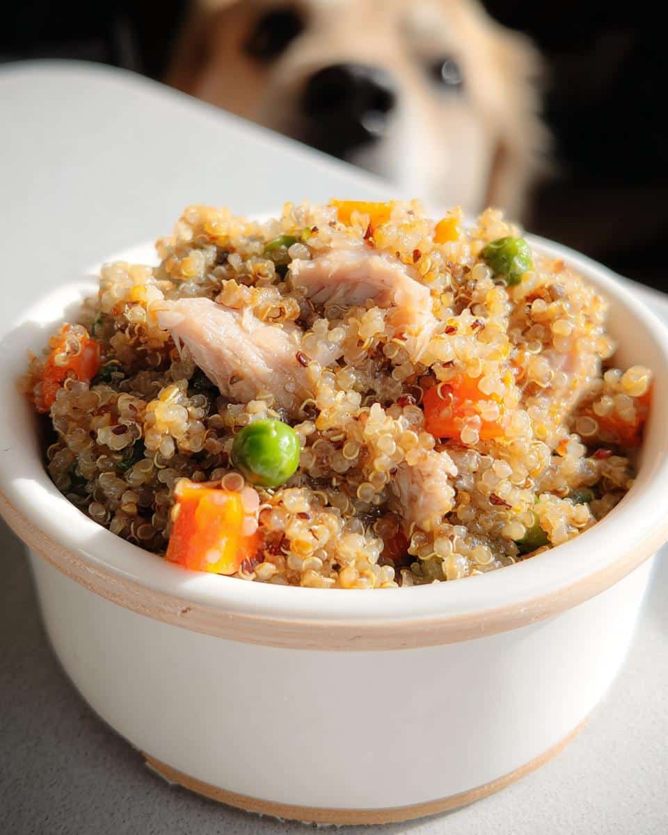 A bowl of homemade Mackerel, Sweet Potato & Peas Dog Food with a dog looking on in anticipation.