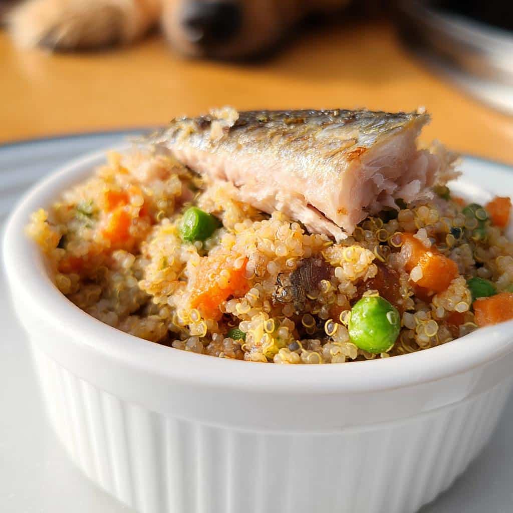 A white ramekin filled with Mackerel, Sweet Potato & Peas Dog Food, topped with a piece of cooked mackerel.