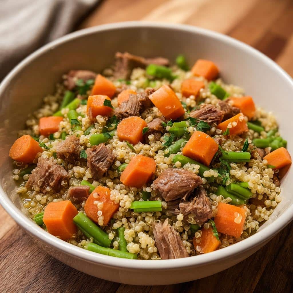 A bowl of homemade dog food featuring pork, quinoa, green beans, and carrots.
