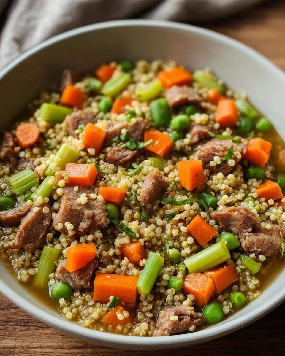 A close-up of a bowl filled with homemade dog food featuring pork, quinoa, peas, carrots, and celery.