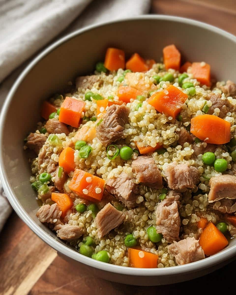 A close-up of a bowl filled with homemade Pork, Quinoa & Green Beans dog food, featuring chunks of pork, carrots, peas, and quinoa.