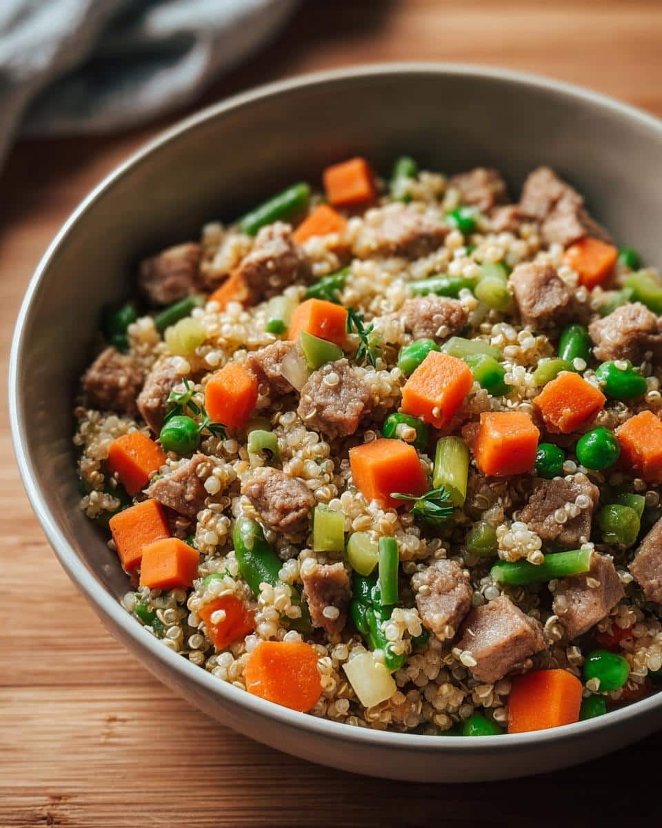 A close-up of a bowl filled with Pork, Quinoa & Green Beans Dog Food, featuring diced pork, carrots, peas, and quinoa.