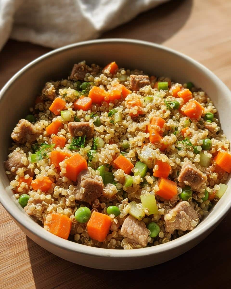 A close-up of a bowl filled with homemade Pork, Quinoa & Green Beans Dog Food, featuring diced pork, carrots, peas, and celery.