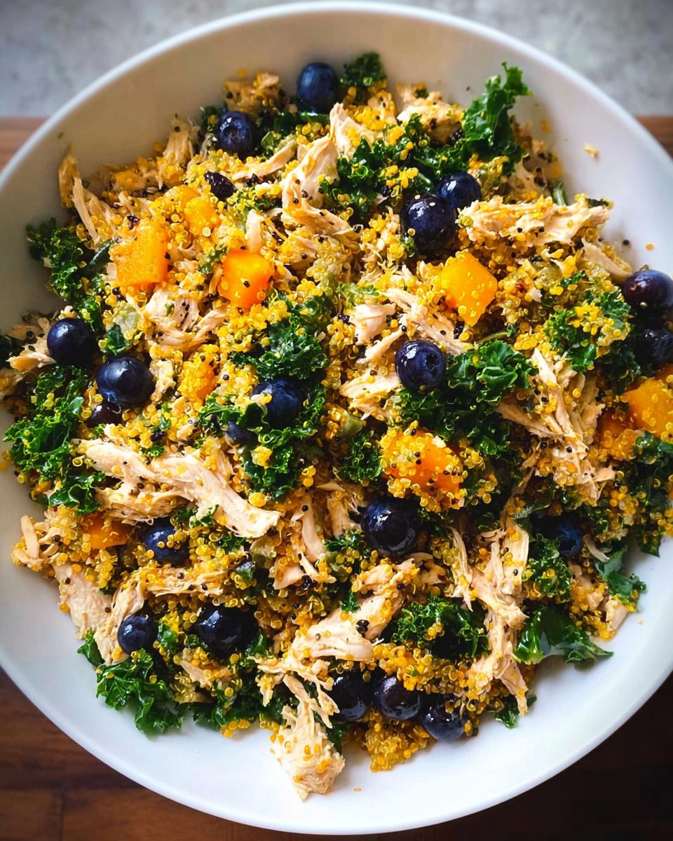 A bowl of homemade dog food featuring shredded pork, quinoa, pumpkin, kale, and blueberries.