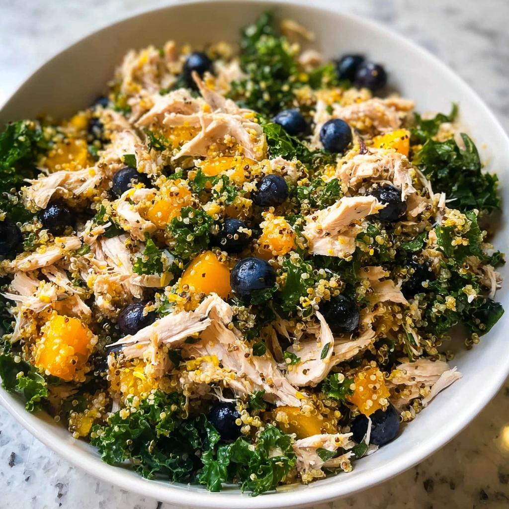 A healthy bowl of dog food featuring shredded pork, quinoa, pumpkin, blueberries, and kale.