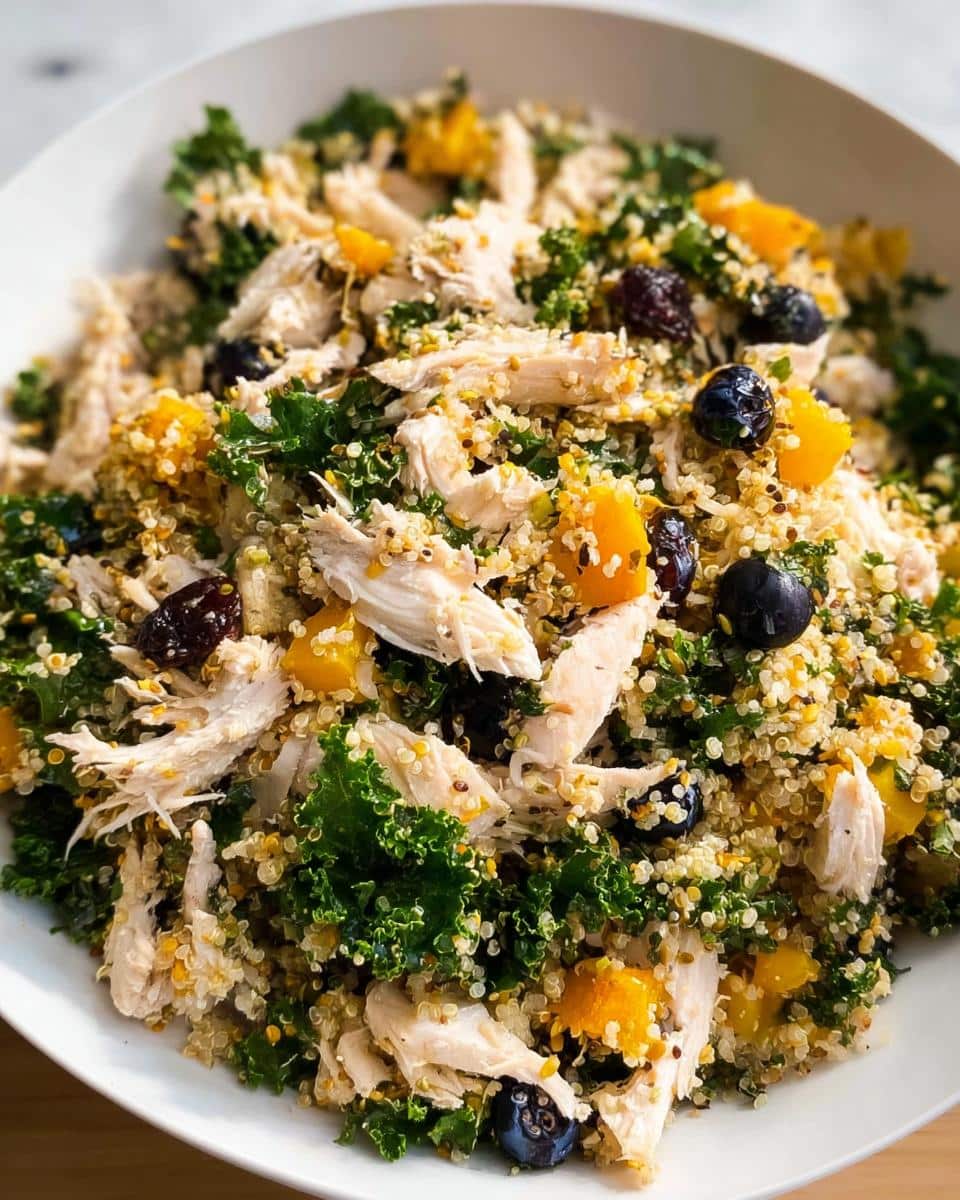 Close-up of a bowl filled with shredded pork, quinoa, kale, blueberries, and pumpkin chunks, representing ingredients for dog food.