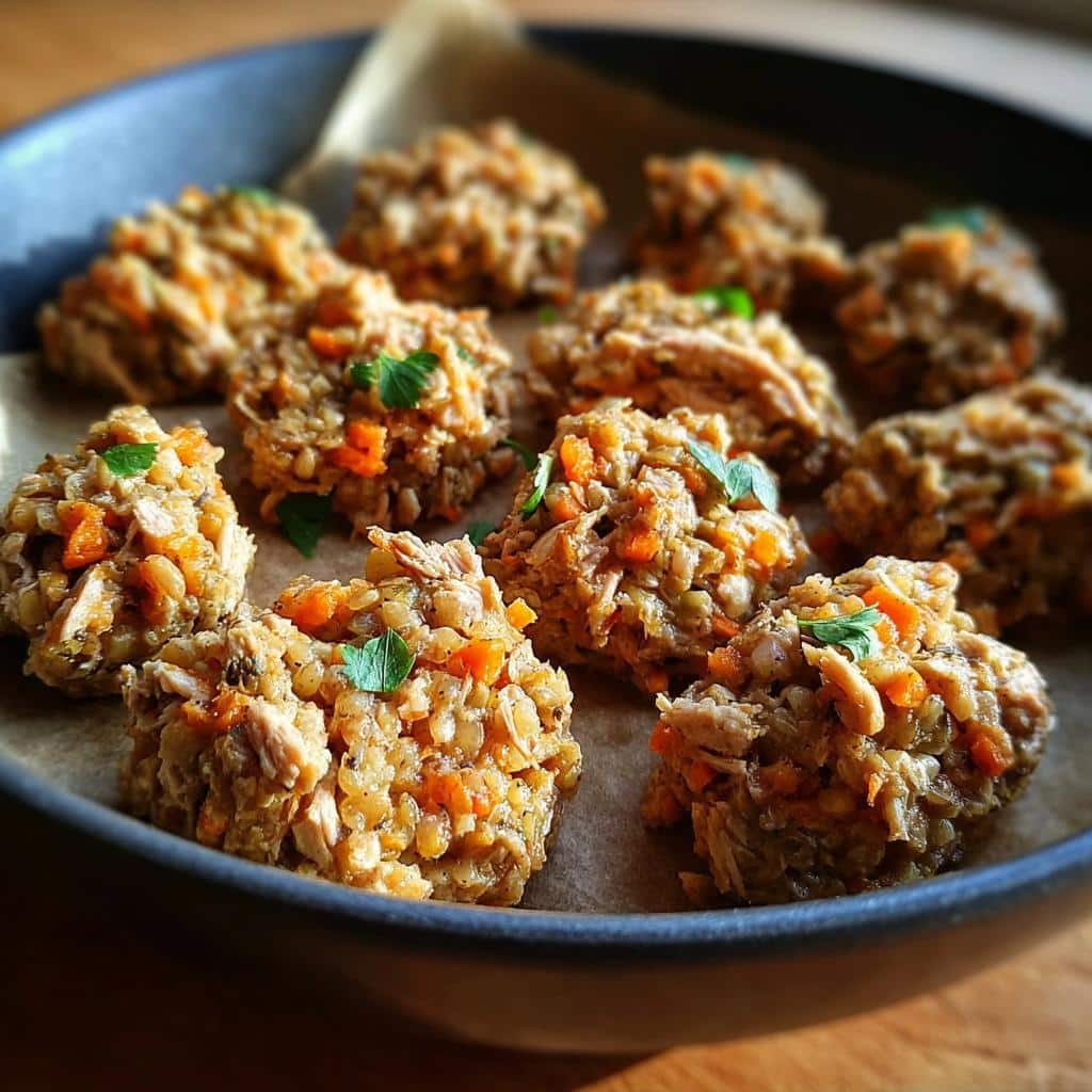 Close-up of homemade Rabbit, Barley & Carrots Dog Food bites, garnished with parsley.