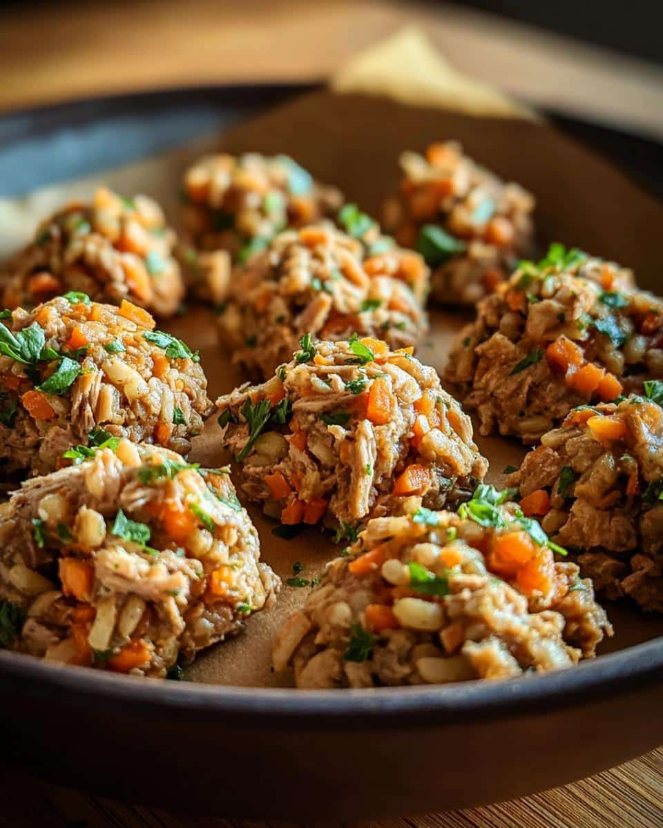 Close-up of homemade Rabbit, Barley & Carrots Dog Food bites, garnished with parsley.