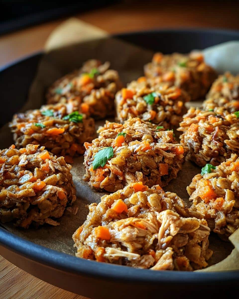 Close-up of homemade Rabbit, Barley & Carrots Dog Food patties, garnished with parsley.