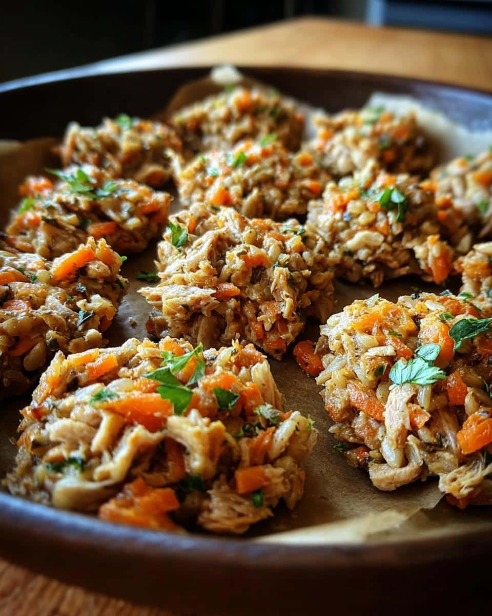 Close-up of homemade Rabbit, Barley & Carrots Dog Food patties, garnished with parsley.