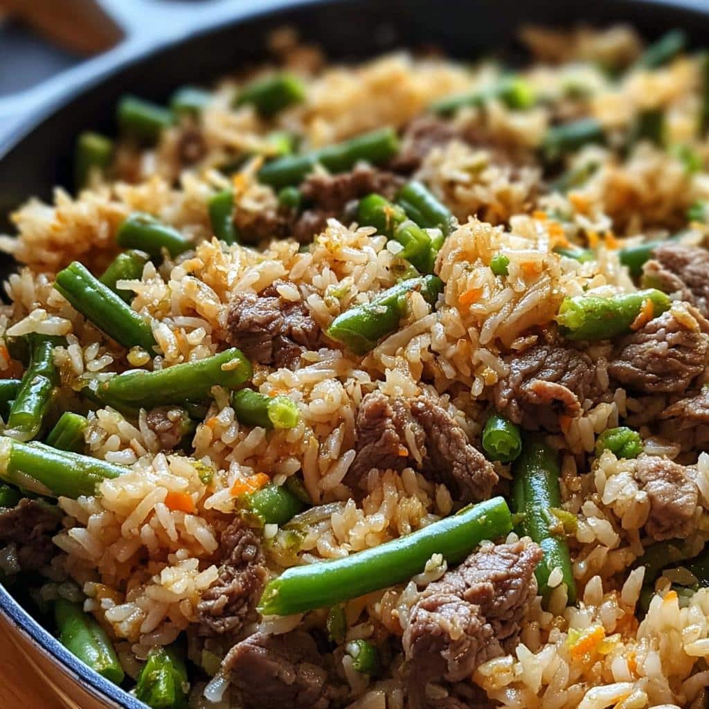 Close-up of homemade dog food with rabbit, brown rice, and green beans.