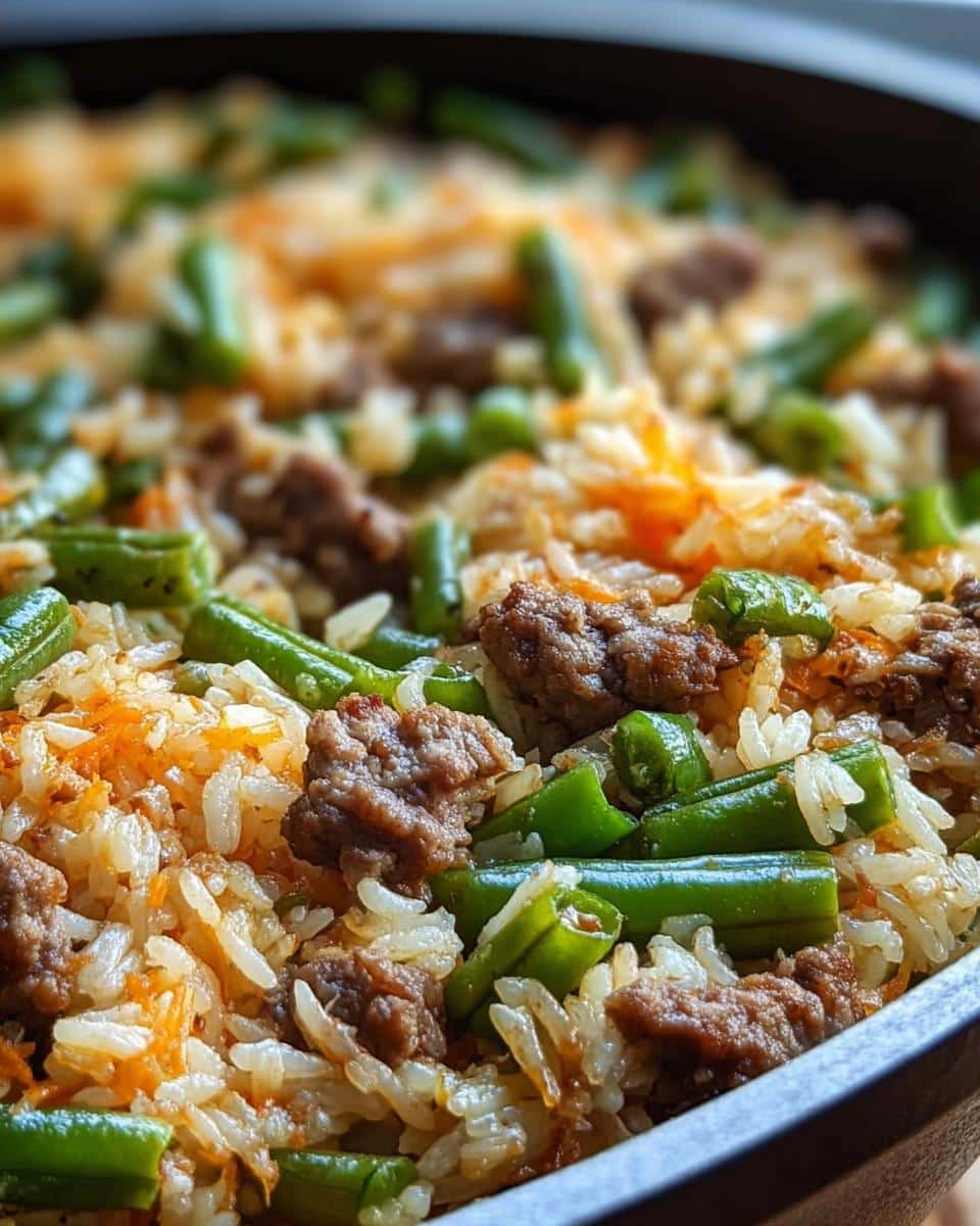 Close-up of homemade dog food with rabbit, brown rice, and green beans.