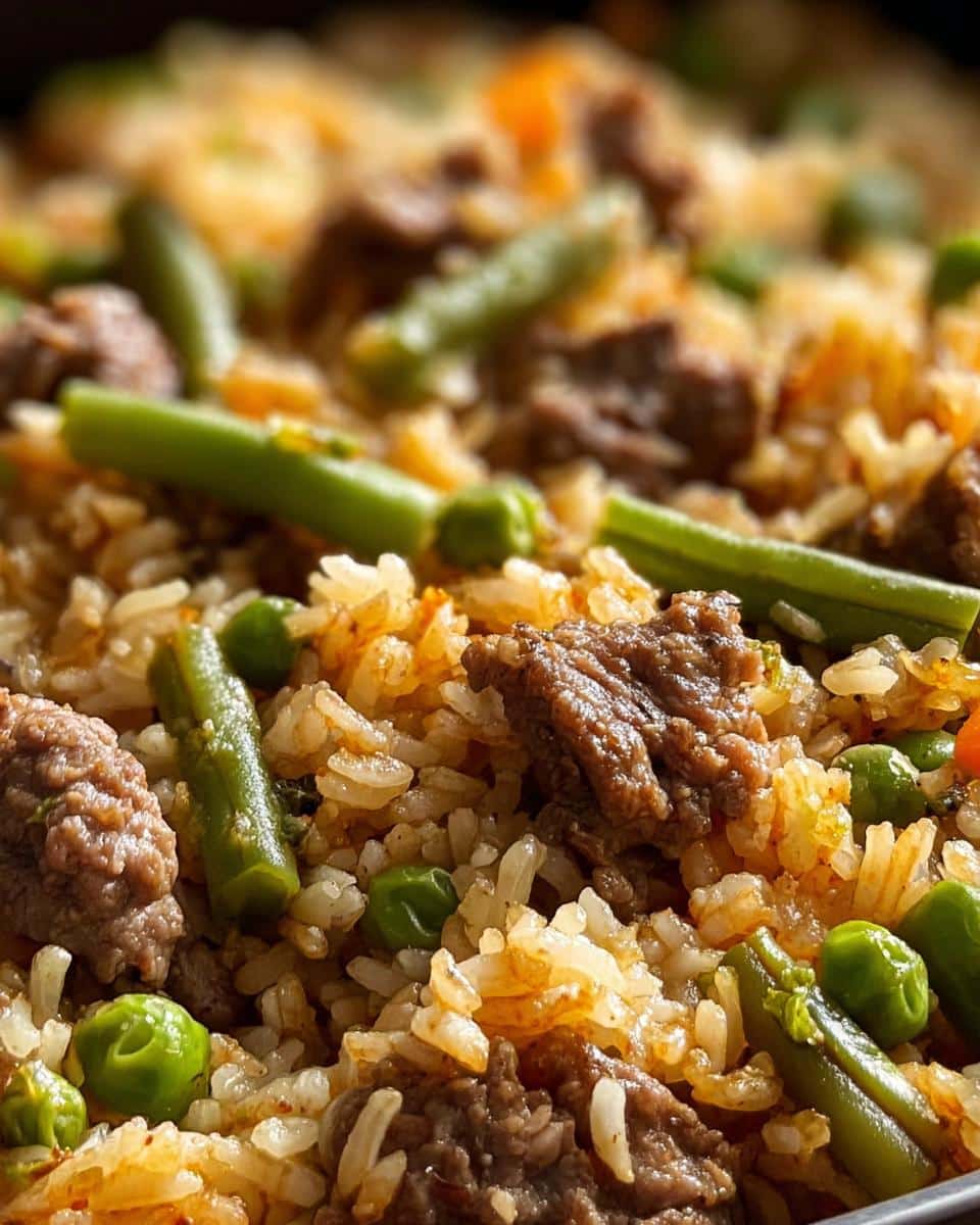 Close-up of homemade dog food with rabbit, brown rice, and green beans.