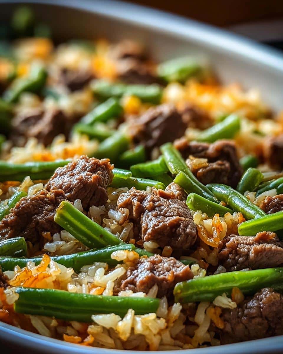 Close-up of homemade dog food featuring rabbit, brown rice, and green beans.