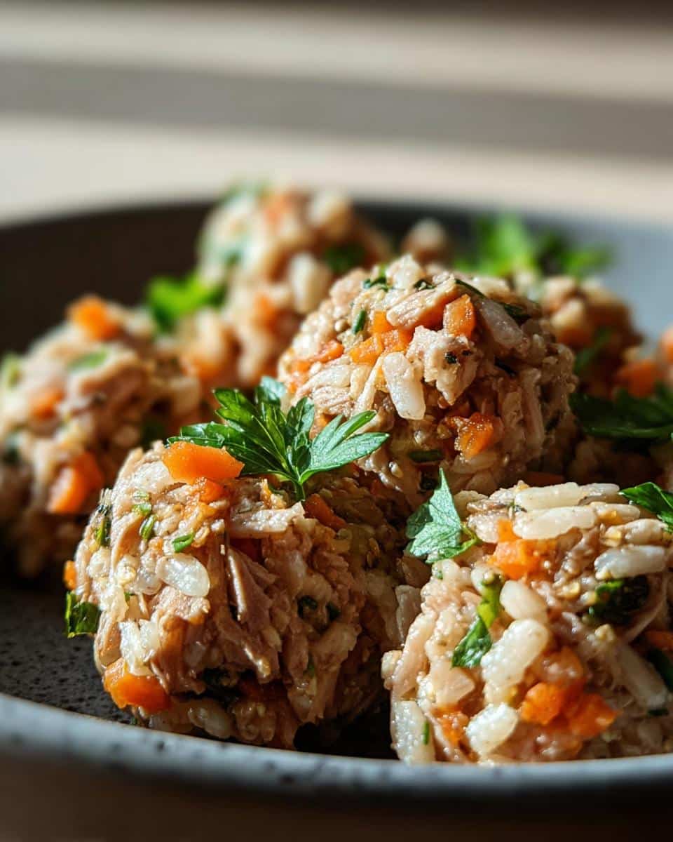 Close-up of homemade Rabbit, Quinoa & Spinach Dog Food formed into balls, garnished with parsley.