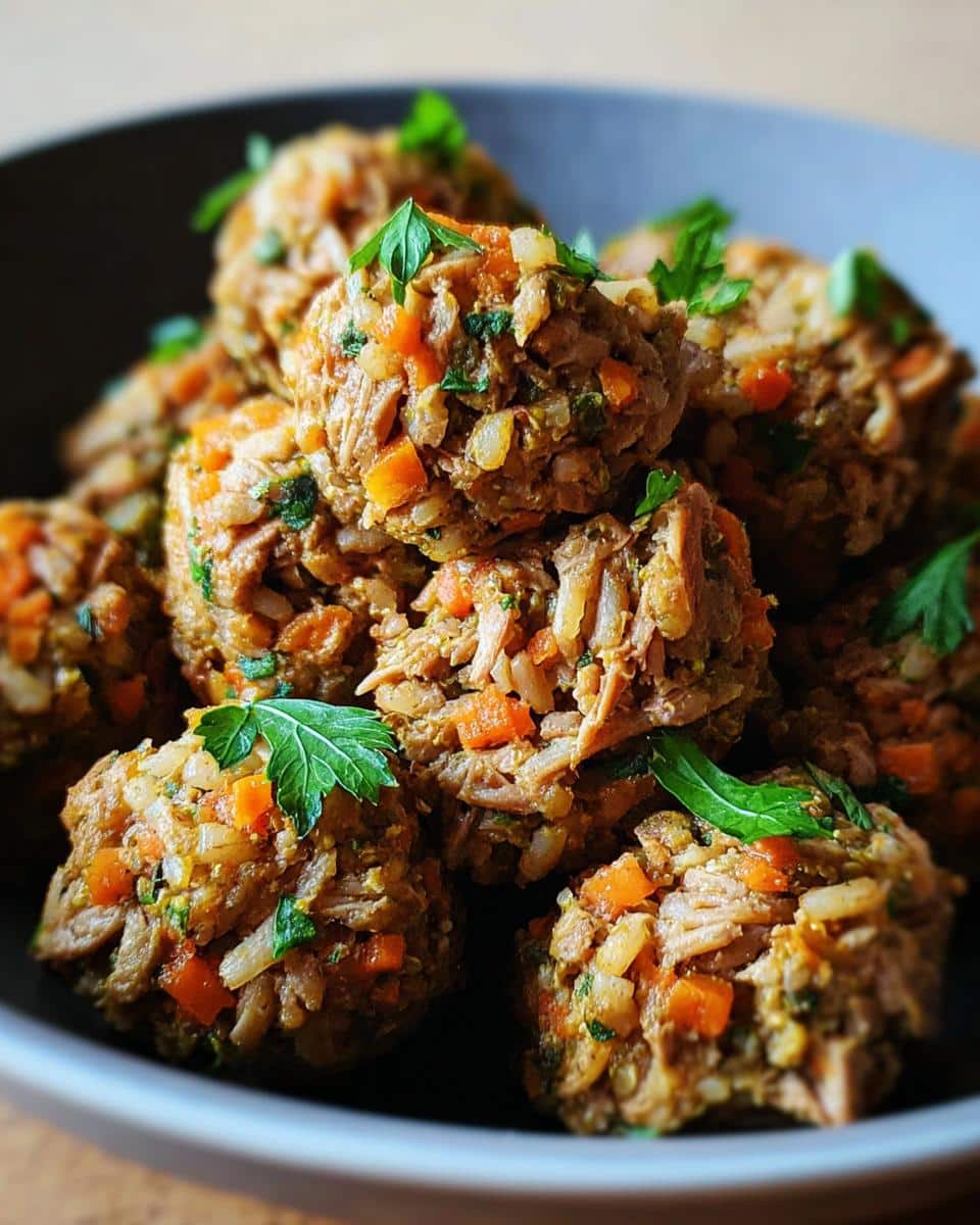 Close-up of homemade Rabbit, Quinoa & Spinach Dog Food bites in a bowl, garnished with parsley.