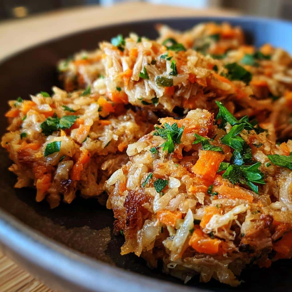 Close-up of homemade dog food patties made with rabbit, quinoa, spinach, and carrots, garnished with parsley.