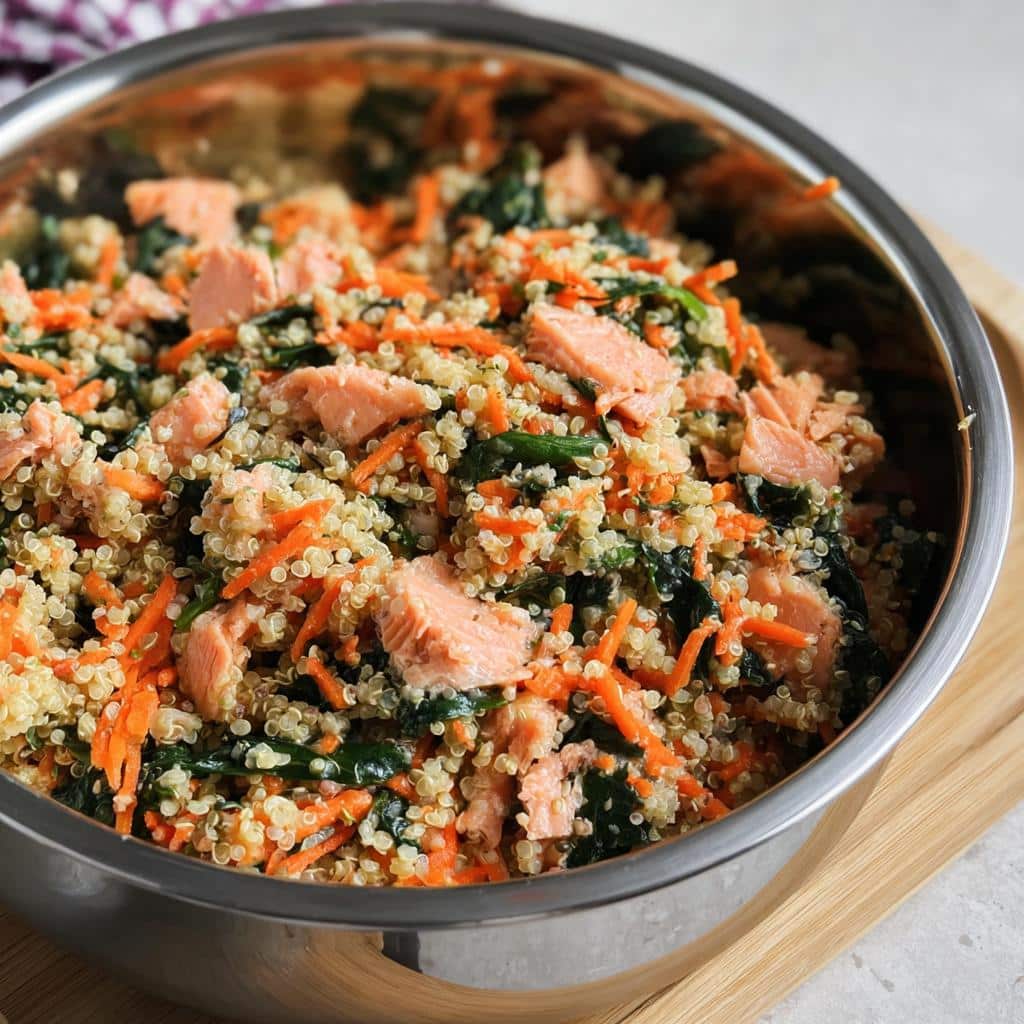 Close-up of a stainless steel bowl filled with homemade Salmon, Quinoa & Zucchini Dog Food.