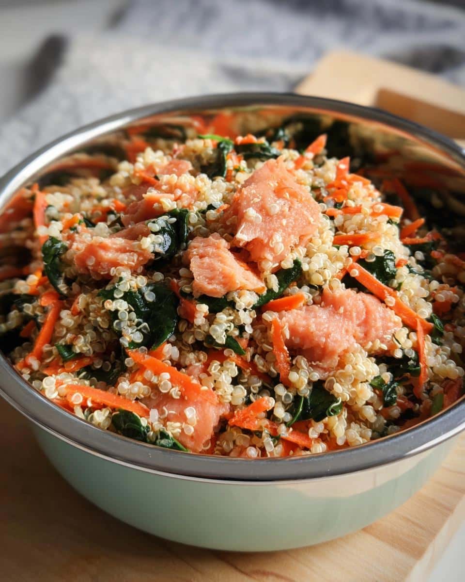 A close-up of a bowl filled with homemade Salmon, Quinoa & Zucchini Dog Food, showing flakes of salmon, quinoa, and shredded carrots.