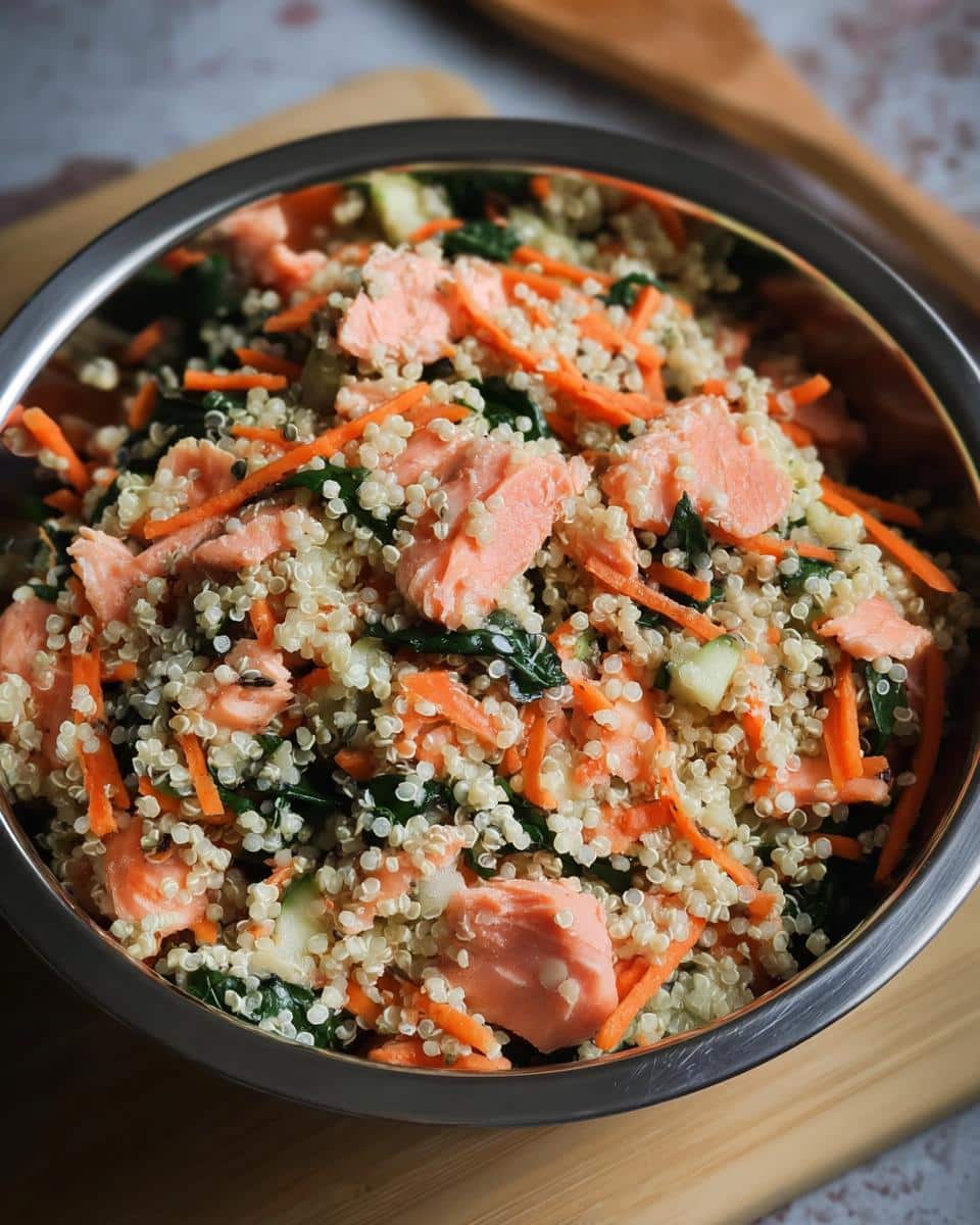 A close-up of a stainless steel bowl filled with Salmon, Quinoa & Zucchini Dog Food, showing chunks of salmon, quinoa, shredded carrots, and greens.