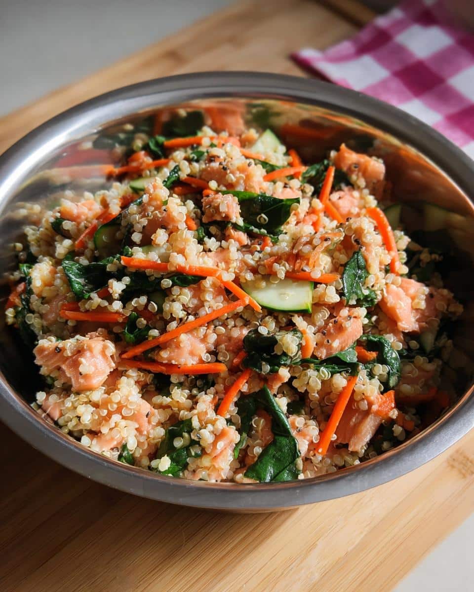 A close-up of a stainless steel bowl filled with Salmon, Quinoa & Zucchini Dog Food, showing chunks of salmon, quinoa, shredded carrots, and spinach.