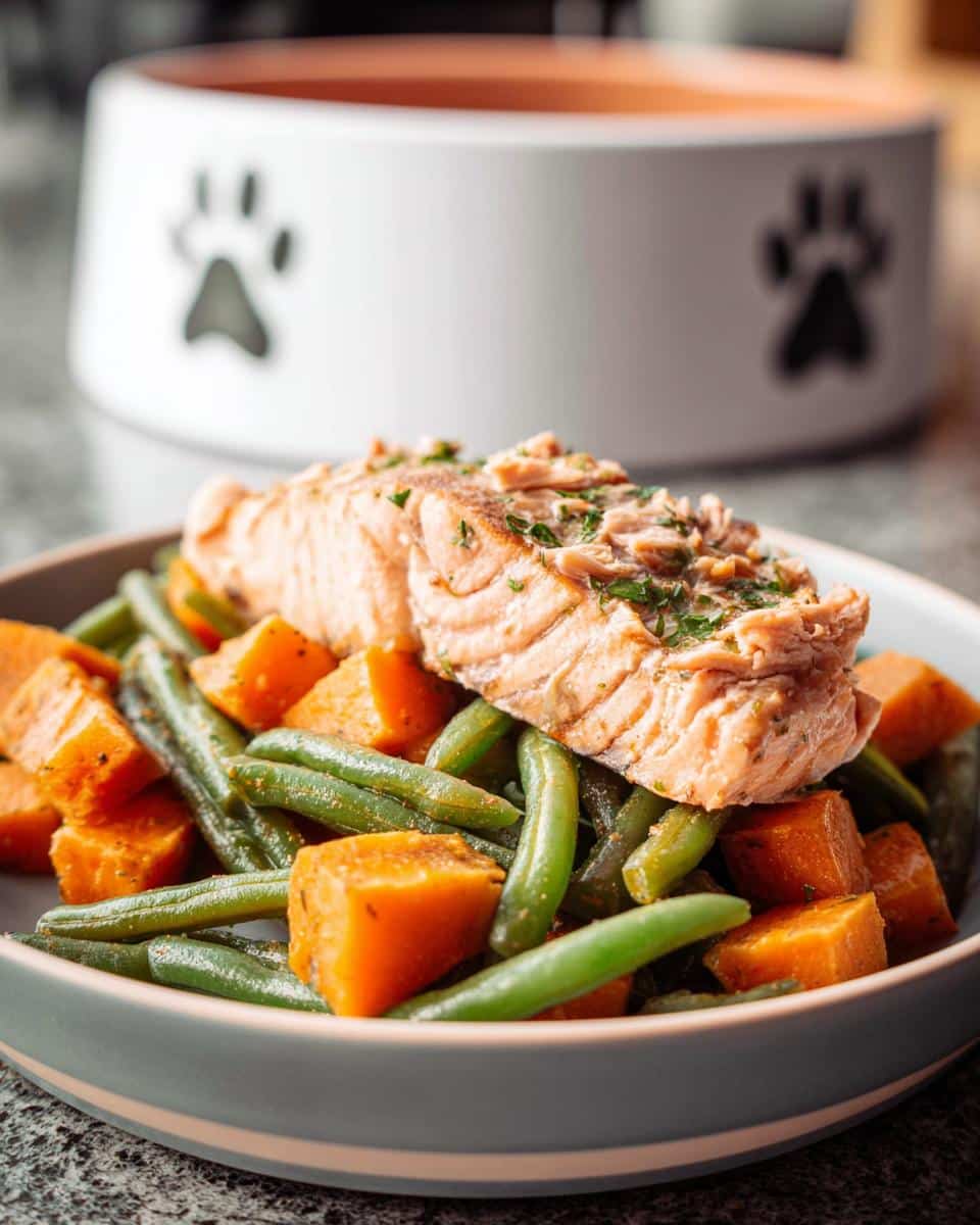 A close-up of a dog food bowl filled with salmon, sweet potato cubes, and green beans, with a dog bowl in the background.