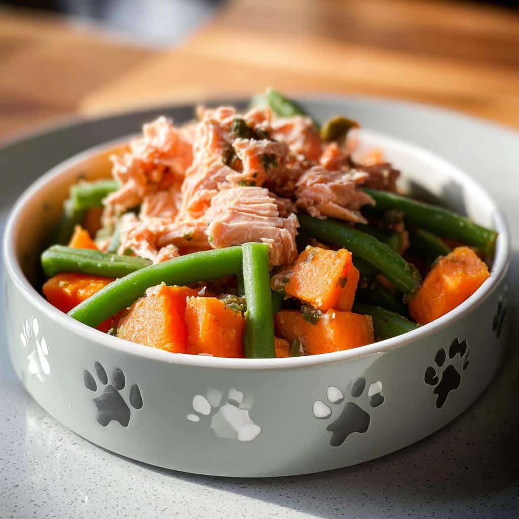 A close-up of a dog bowl filled with Salmon, Sweet Potato & Peas dog food, featuring flaked salmon, diced sweet potato, and green beans.