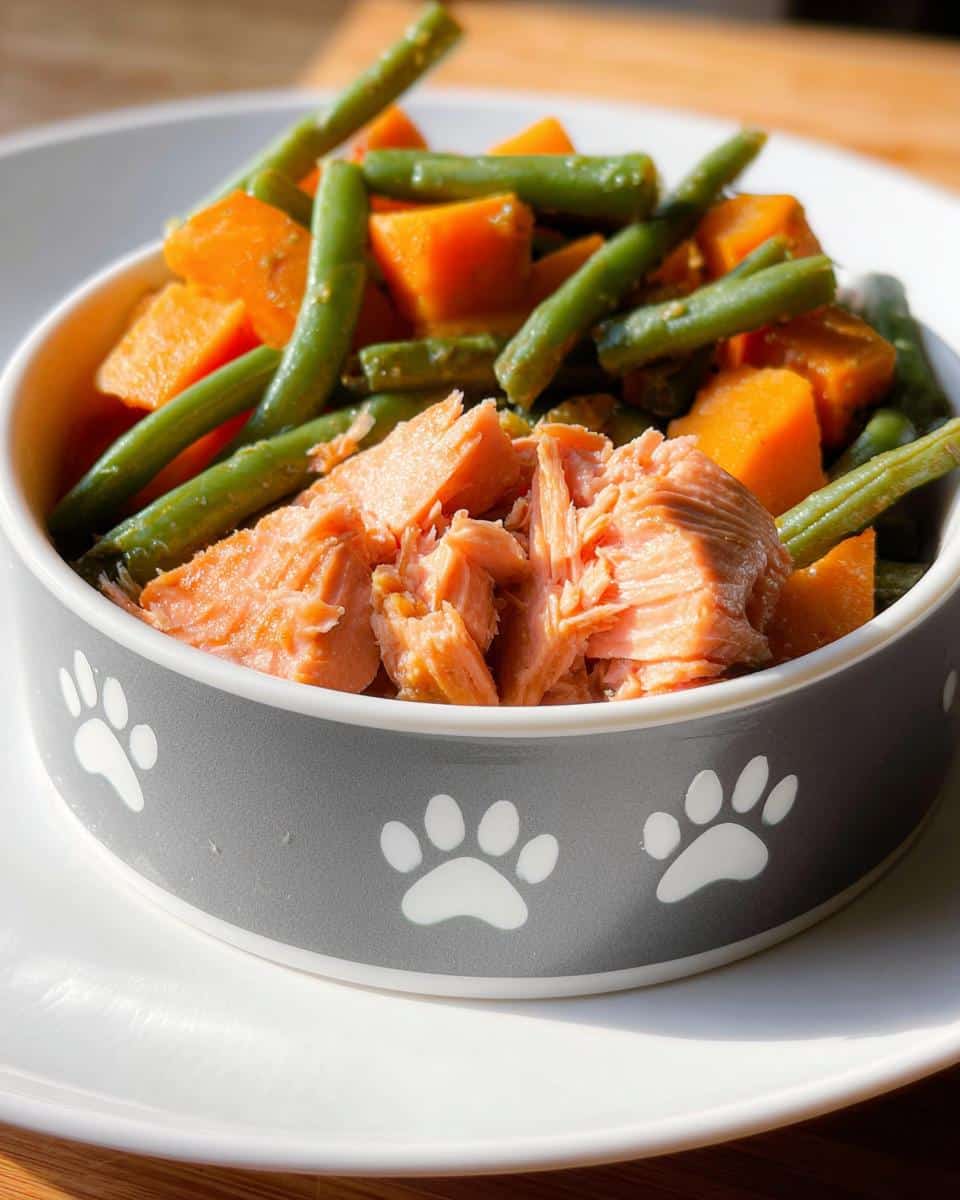 A dog bowl filled with cooked salmon, sweet potato chunks, and green beans, representing Salmon, Sweet Potato & Peas Dog Food.