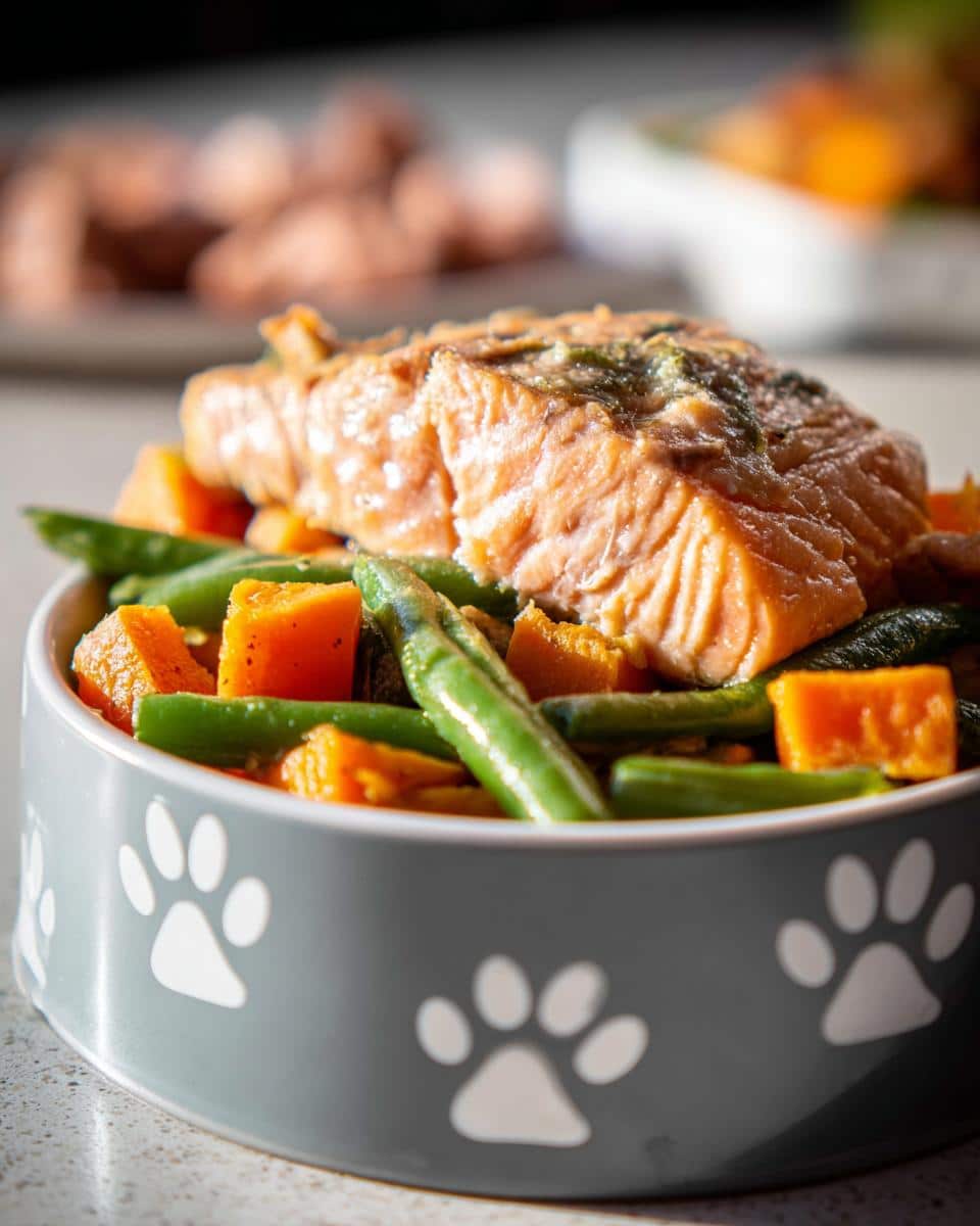 A close-up of a dog bowl filled with Salmon, Sweet Potato & Peas dog food, featuring a piece of salmon on top.