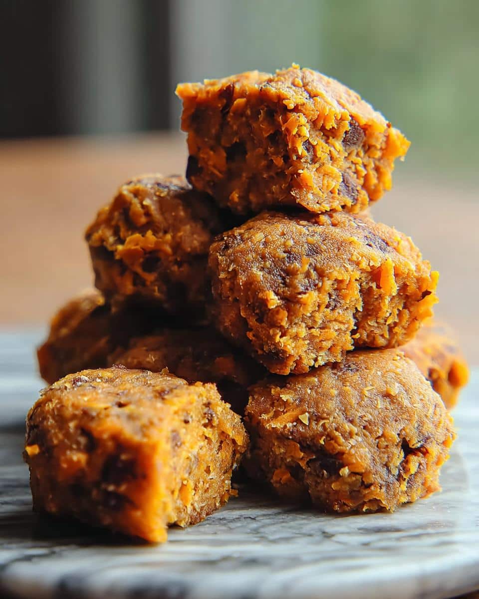 Close-up of a stack of homemade dog food bites made with sardines, potato, and green beans.