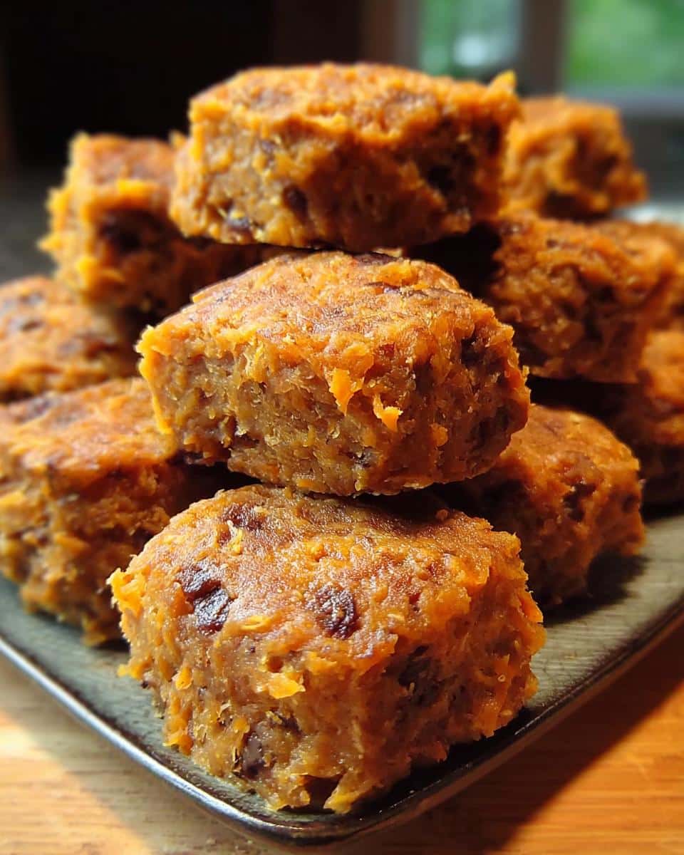 A stack of homemade dog food bites made with sardines, potato, and green beans, on a dark plate.