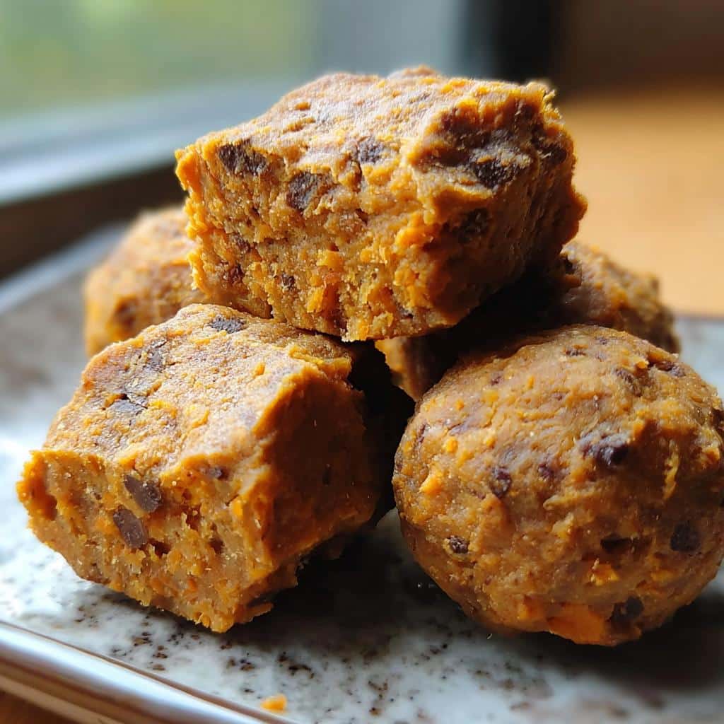 Close-up of homemade dog food bites made with sardines, potato, and green beans, stacked on a plate.