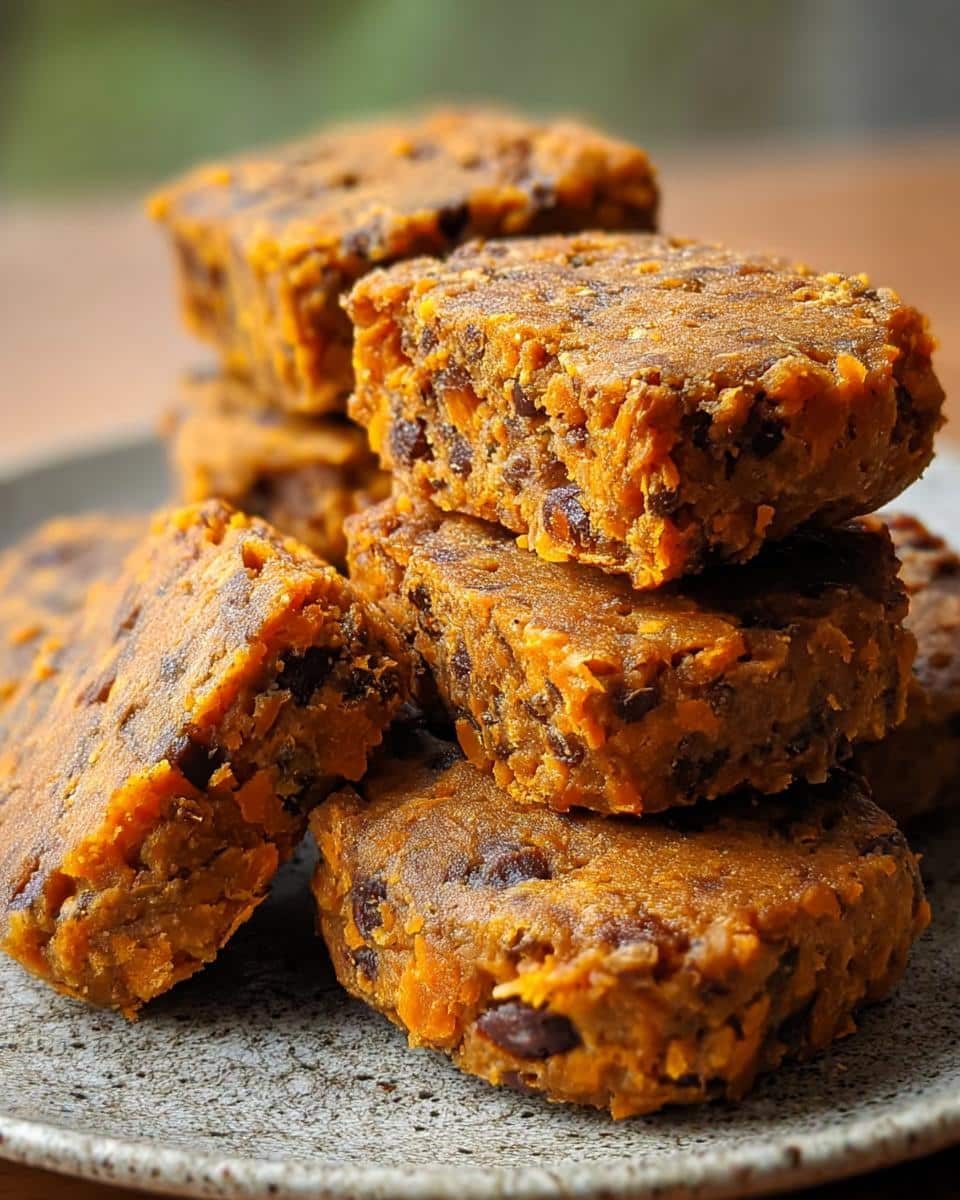 Close-up of stacked, square patties made from Sardines, Potato & Green Beans Dog Food.
