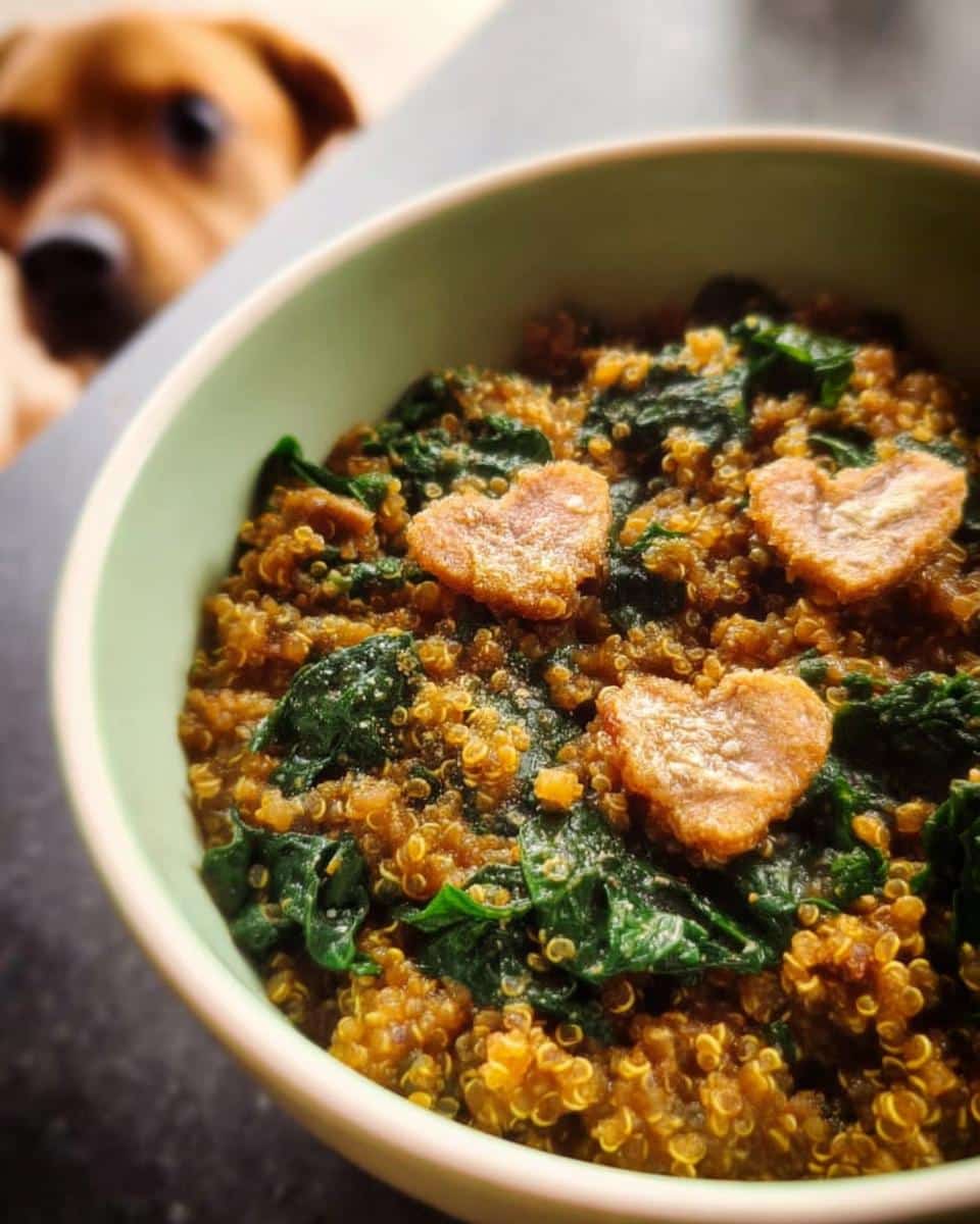 A bowl of homemade dog food featuring sardines, quinoa, and pumpkin, topped with heart-shaped treats. A dog is blurred in the background.